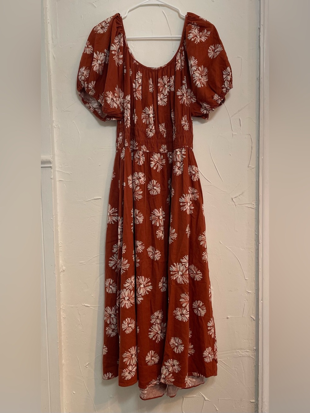 Madewell Sophia Linen-Blend Floral Puff-Sleeve Midi Milkmaid Dress in Rust sz 1X - Picture 4 of 11